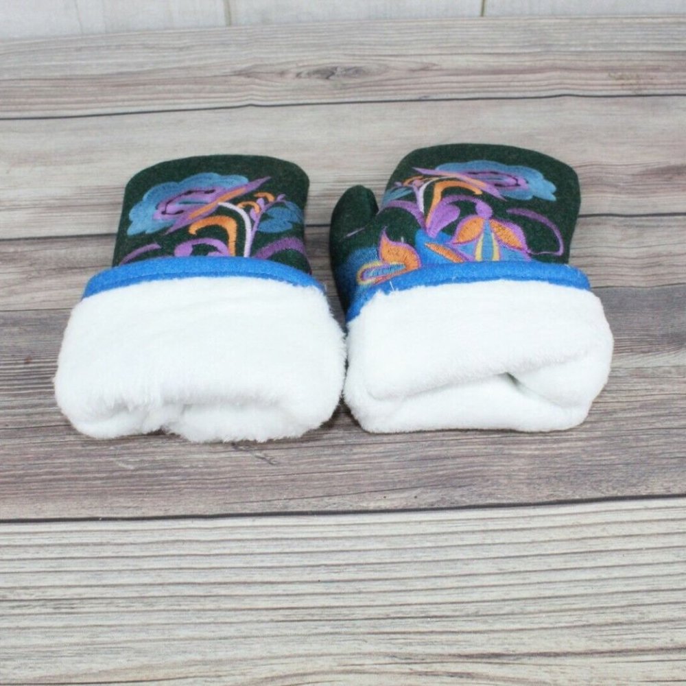 New! Blue Green Wool Floral Embroidered Faux Fur Lined Felt Mittens Size Large - Picture 6 of 10